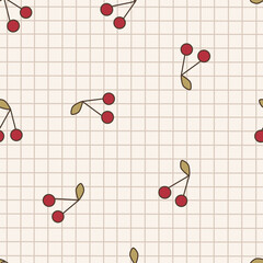 Cute red cherry on the tartan seamless pattern. Doodle fruit on checked vector for wallpaper, textile, fashion, background, stationary, wrapping, card, and phone cases.