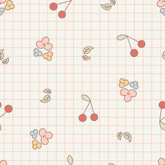 Cute red cherry, flower and leaves on the tartan seamless pattern. Doodle fruit and floral on checked vector for wallpaper, textile, fashion, background, stationery, wrapping, card, and phone cases.