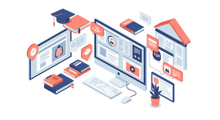 Fototapeta premium Isometric vector illustration of online education concept for digital learning design