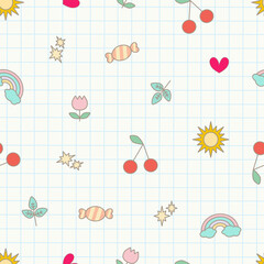 Seamless pattern for seasonal summer featuring flowers, cherries, rainbow, heart, candy and sun designed in a playful vector style. Ideal for wallpaper, wrapping paper, fabric prints, and holiday-them