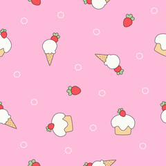 Cute red strawberry, cupcake and ice cream cone seamless vector pattern. Doodle dessert, fruit and ice cream vector for wallpaper, textile, fashion, background, stationery, wrapping, card, and phone c