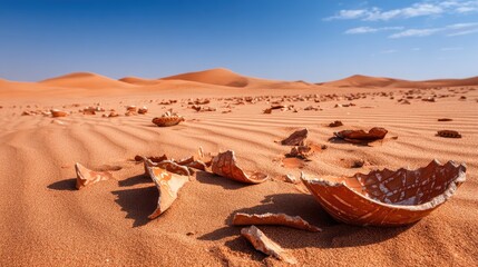Broken Pottery Fragments in a Red Sand Desert under a Blue Sky