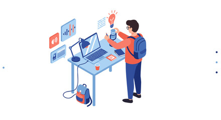 Fototapeta premium Isometric business office vector illustration: remote work, technology, young professional, design for presentation, flat style