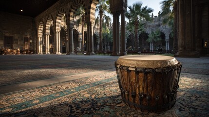 Brown Drum on Ornate Carpet in a Sunlit Courtyard