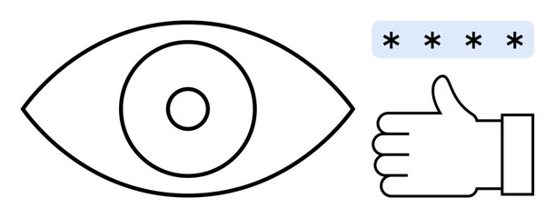 Eye icon, password field with asterisk characters, thumbs-up symbol representing privacy, security, and positive feedback. Ideal for security apps, privacy tools, UX tips, approval processes login