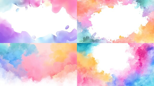 Four abstract watercolor backgrounds with soft, pastel colors arranged in a grid.  Each has a border of blended colors with white space in the center