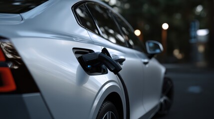 Fototapeta premium Sleek white electric sedan charging at a public station in a quiet urban area during early evening, highlighting modern eco-friendly transportation and the shift toward sustainable electric mobility
