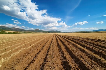 Dry agricultural land with furrows stretches under a bright blue sky in a tranquil landscape, very dry agricultural land seamless ing time  lapse virtual Photo Background