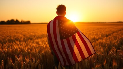 Man wearing American flag in golden wheat field at sunset image