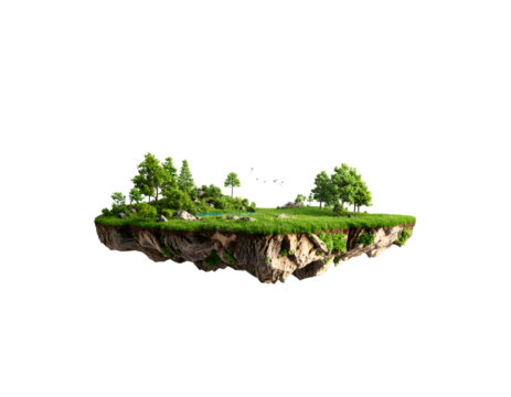 A vibrant miniature floating island with lush green grass and diverse trees creates a serene natural landscape.