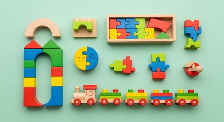 Naklejka premium Colorful wooden puzzle pieces and toy train set on light blue background educational kids game and learning concept