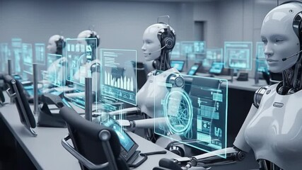 Row of humanoid robots wearing headsets working in a futuristic high technology data analysis office environment. - Powered by Adobe