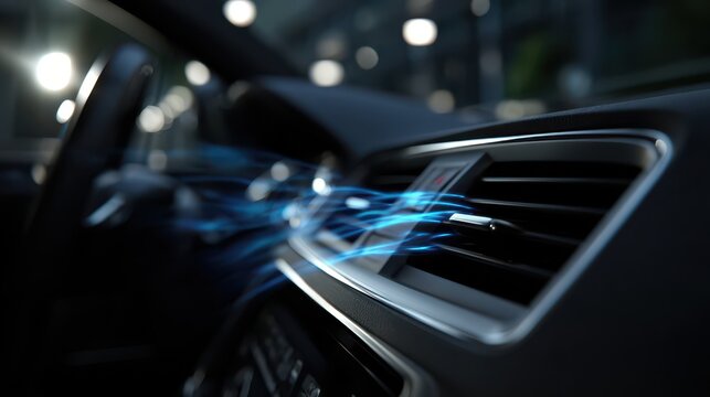 Close-up of a modern car air conditioning vent emitting digitally enhanced airflow, symbolizing efficient climate control, comfort, and advanced cabin air technology in a contemporary vehicle interior
