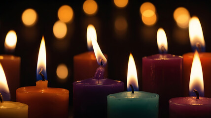 A single glowing beautiful colored candles flame against a dark, minimal background. The candle emits a warm, soft glow with subtle shadows, creating a peaceful and intimate atmosphere.  