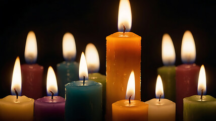 A single glowing beautiful colored candles flame against a dark, minimal background. The candle emits a warm, soft glow with subtle shadows, creating a peaceful and intimate atmosphere.  