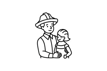 Firefighter Hugging a Child Outline Style Silhouette