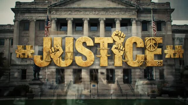 Justice Concept with Raised Fists, Scales & Peace Symbols — Powerful Text Over Courthouses and Protest Marches