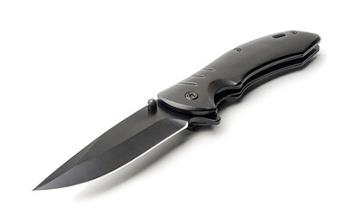 Sleek Black Tactical Folding Knife Isolated on White Background - Modern Self-Defense and Outdoor...