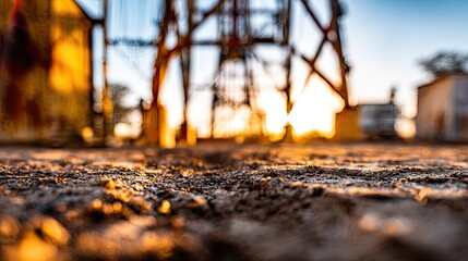 Obraz premium Close Up of Rough Ground at Sunset with Industrial Structure in Background