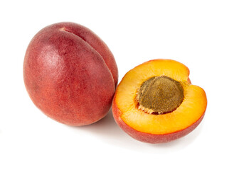 Ripe Whole and Halved Peaches Isolated on White Background – Juicy Organic Summer Fruit for...