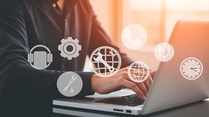 Person typing on laptop with service icons computer technology