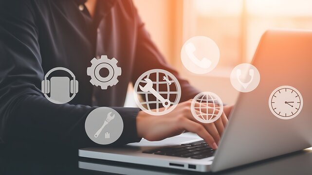 Person typing on laptop with service icons computer technology - Powered by Adobe