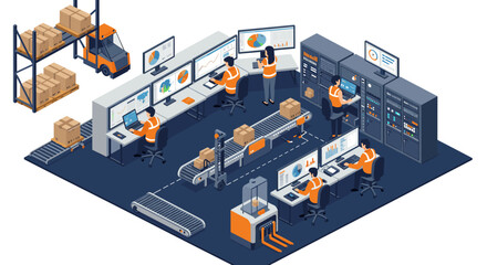 Obraz premium Warehouse automation vector illustration: modern logistic solutions for efficient storage, management, and technology in business design