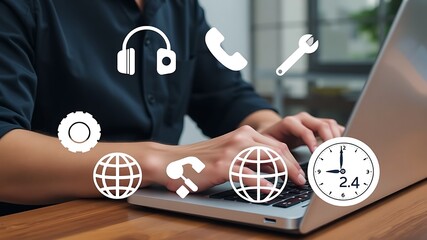 Person typing on laptop with service icons technology