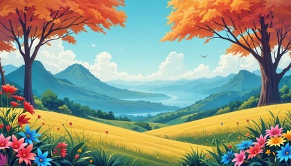 Colorful landscape background for computer monitors with vibrant trees and flowers