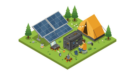 Eco-friendly camping setup vector illustration in isometric style for outdoor adventure design