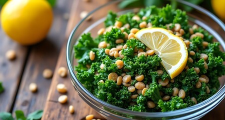 Vibrant kale and chickpea salad with a refreshing lemon slice and whole lemon