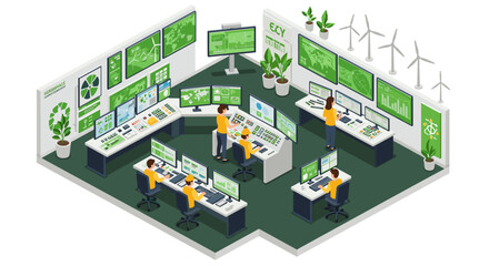 Obraz premium Sustainable energy control room vector illustration: eco-friendly management design in isometric flat style
