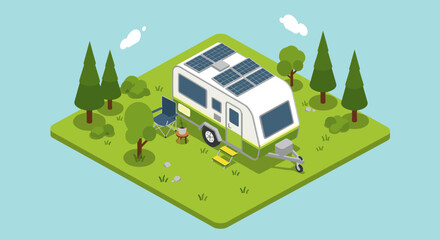 Obraz premium Isometric camper van vector illustration: summer camping adventure design for poster