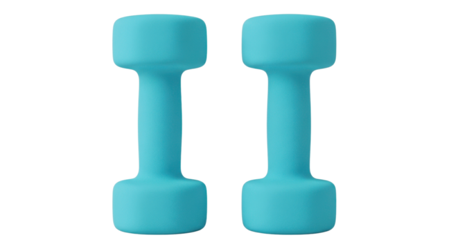 Pair of light blue dumbbells for fitness and exercise isolated PNG with Transparent Background