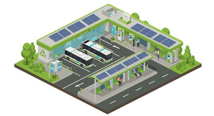 Eco-friendly public transport vector illustration: green station with solar panels for sustainable energy concept, design for print and poster, isomet