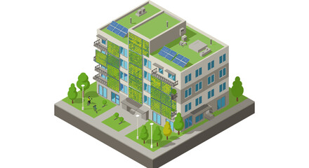 Isometric eco-friendly urban building vector illustration for sustainable design projects