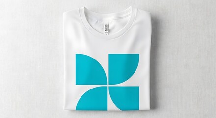 Folded white t-shirt with blue geometric logo design on wooden surface flat lay casual clothing fashion brand concept