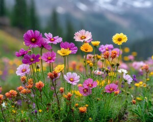 Obraz premium Vibrant Wildflowers in a Mountain Meadow After Rain