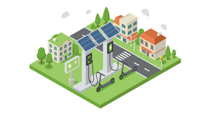 Solar electric charging station vector illustration - isometric design for sustainable urban environment display