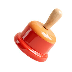 A 3d red toy bell with a wooden handle isolated on transparent background