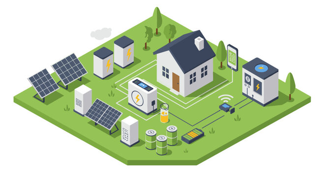Sustainable energy solutions vector illustration: isometric design for eco-friendly homes and renewable technology