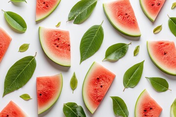 Fresh Watermelon Slices and Leafy Green Accents