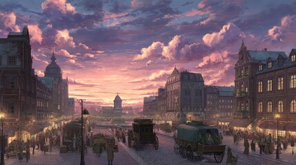 City street scene sunset