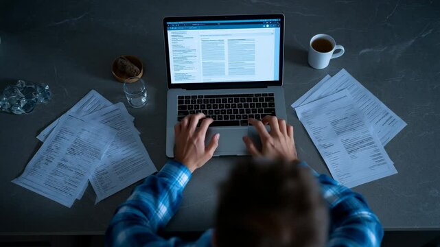 Individual focused on laptop work in a dimly lit home office. Surrounded by scattered papers and a coffee cup, the atmosphere reveals late-night productivity and dedication to tasks