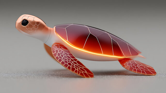 Render of a sleek, modern turtle figurine with intricate designs and warm glowing edges on a simple background.
