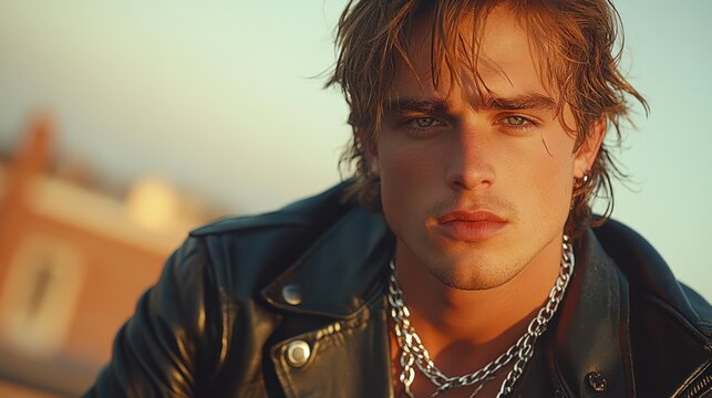 Close-up portrait of a young man with long blonde hair, wearing a black leather jacket and silver necklaces, outdoors at sunset.