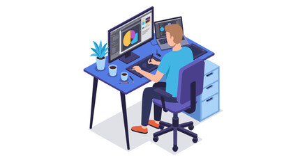 Isometric office workspace vector illustration for digital design concept