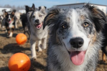 Playful Border Collies Running With Orange Balls