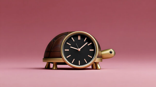 Whimsical timepiece featuring a charming turtle clock on pink backdrop symbolizing time management and leisurely pace.