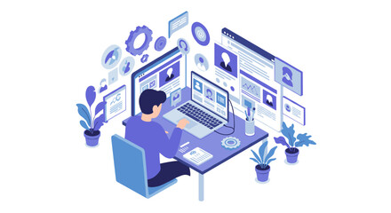 Fototapeta premium Isometric remote work concept vector illustration for digital communication and productivity